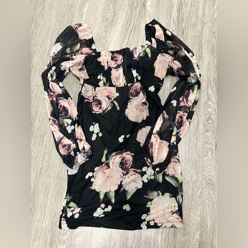 SHEIN Black Floral Long Sleeve Dress